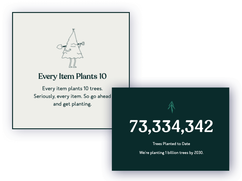 Tentree tree planting counter with every purchase. 73,334,342 trees planted so far.